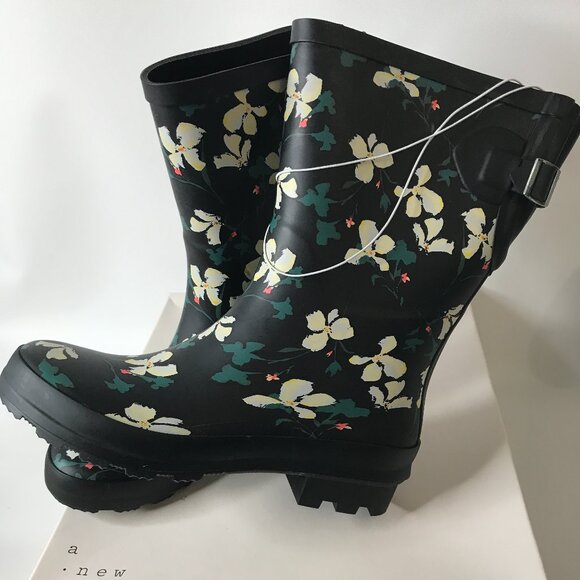 New Black Floral Vicki Mid Calf Waterproof Rain Boots ~ A New Day Size 7 - Picture 5 of 11